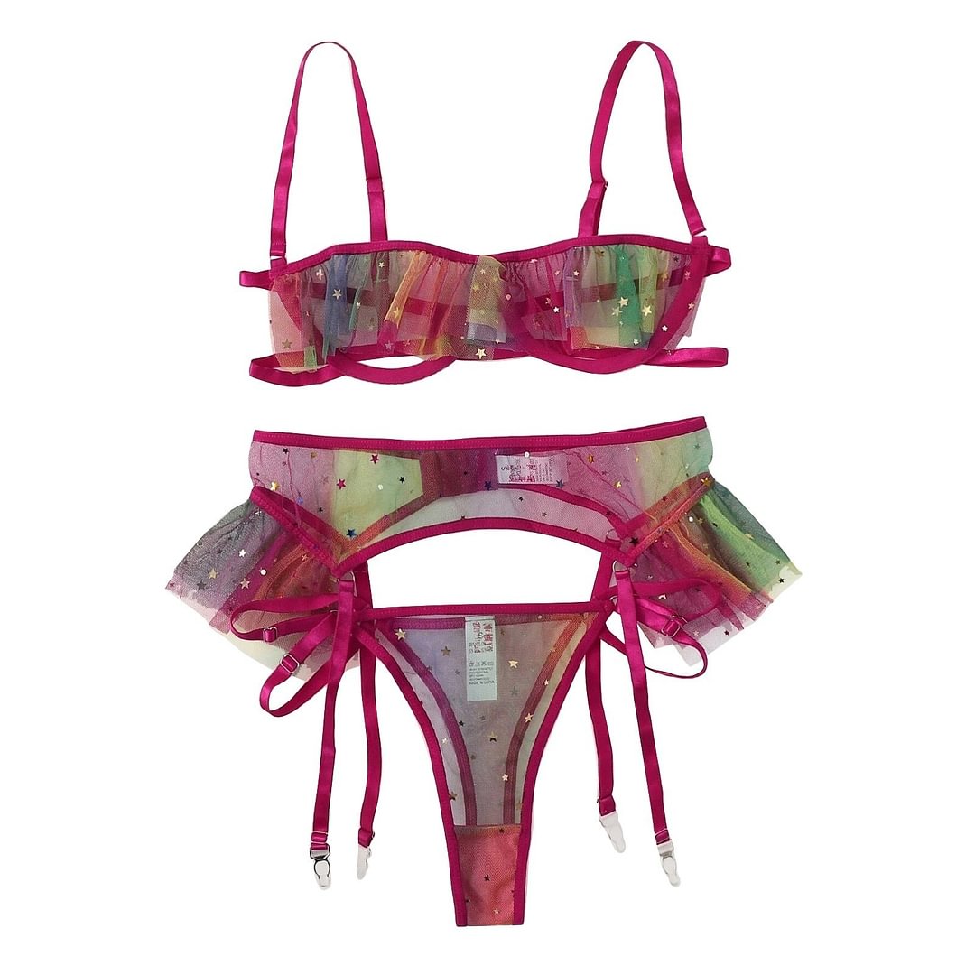 Sexy Bra and Panty Set Women Floral Lace Transparent Underwear Colorful Printed Embroidery Lingerie Set Mesh Thong Garter Sets