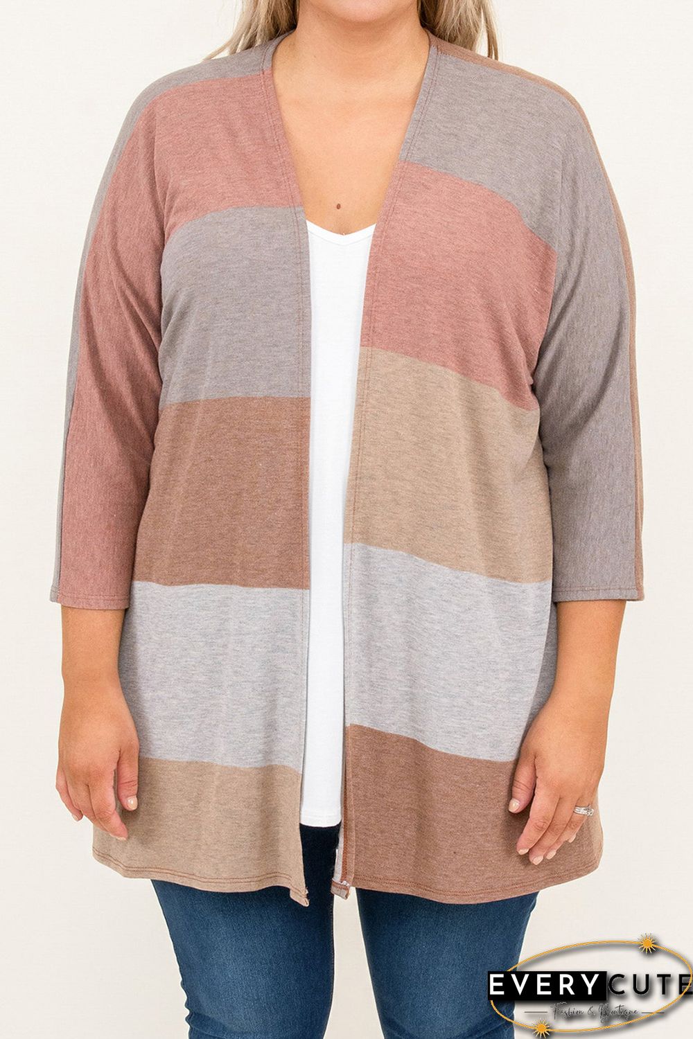 Multicolor Plus Size Colorblock Knit Cardigan