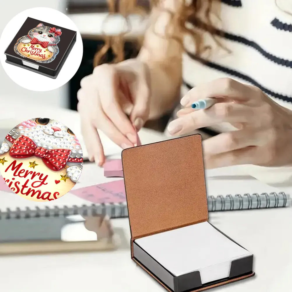 5D DIY PU Diamond Art Note Box with 160 Sheets Paper Memo Pad Holder Kit (Cat)