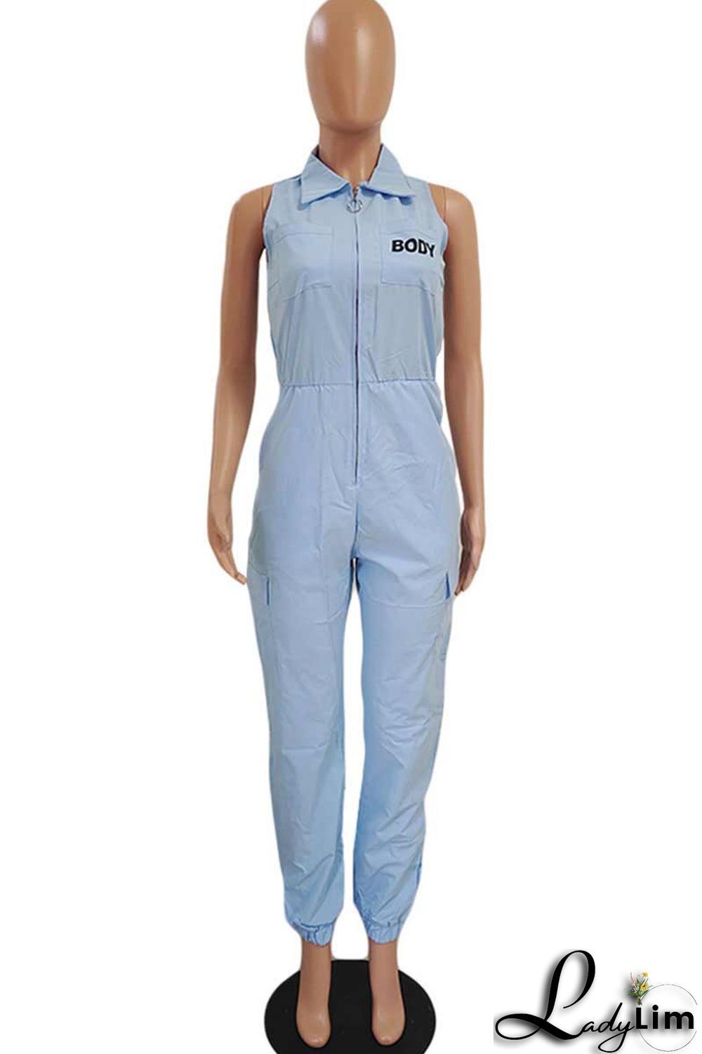 Blue Casual Print Patchwork Zipper Turndown Collar Straight Jumpsuits(Without Belt)