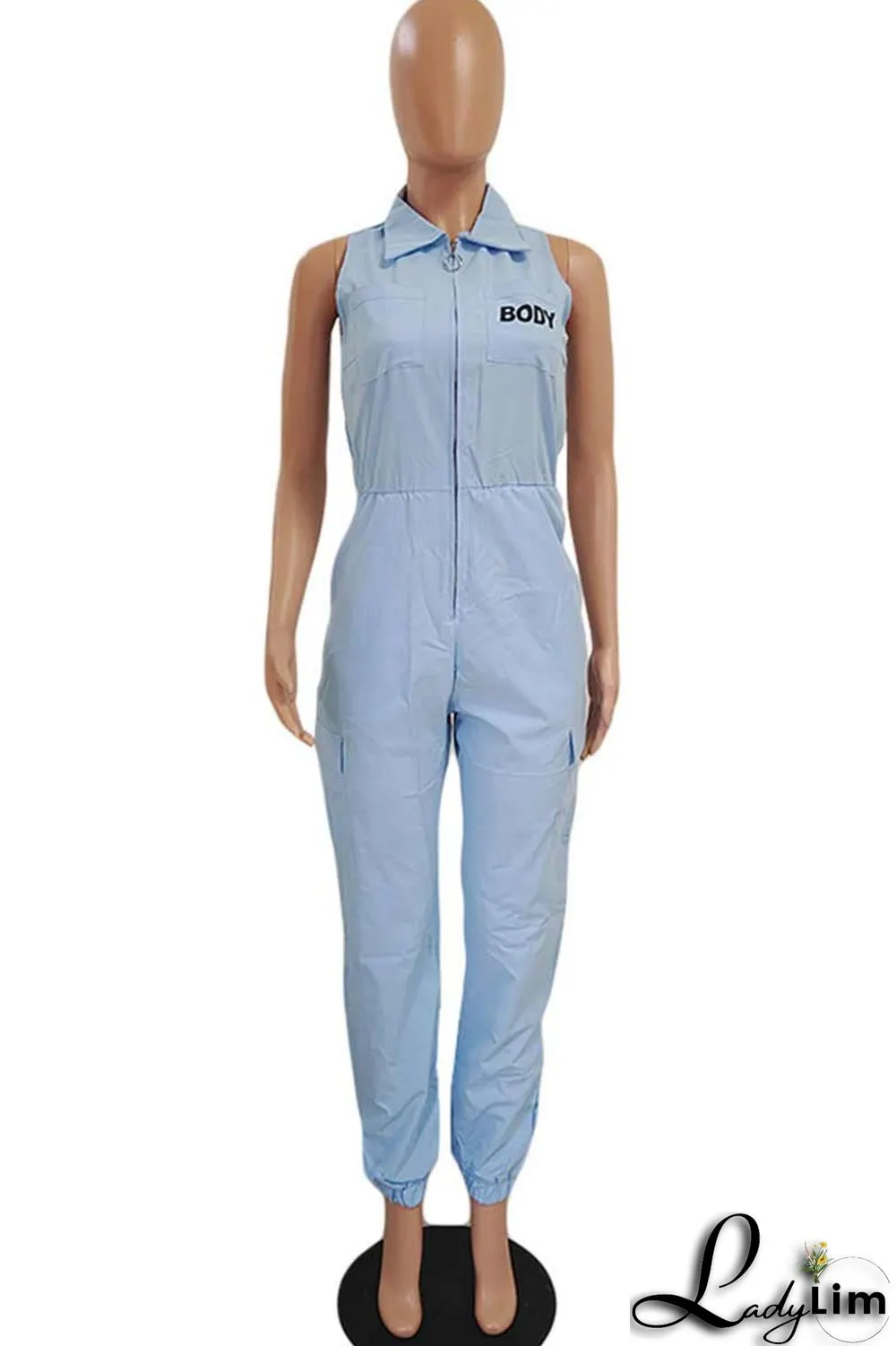 Blue Casual Print Patchwork Zipper Turndown Collar Straight Jumpsuits(Without Belt)