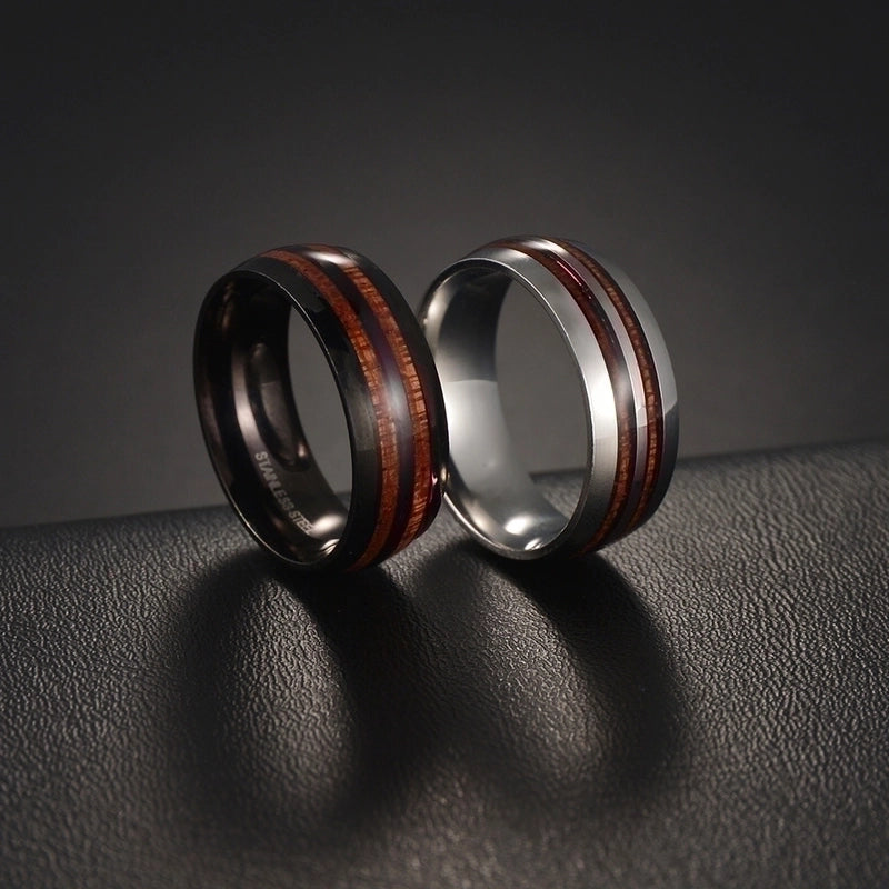 Minimalist Round Stripe 304 Stainless Steel Epoxy Solid Wood Black Plated Men'S Rings