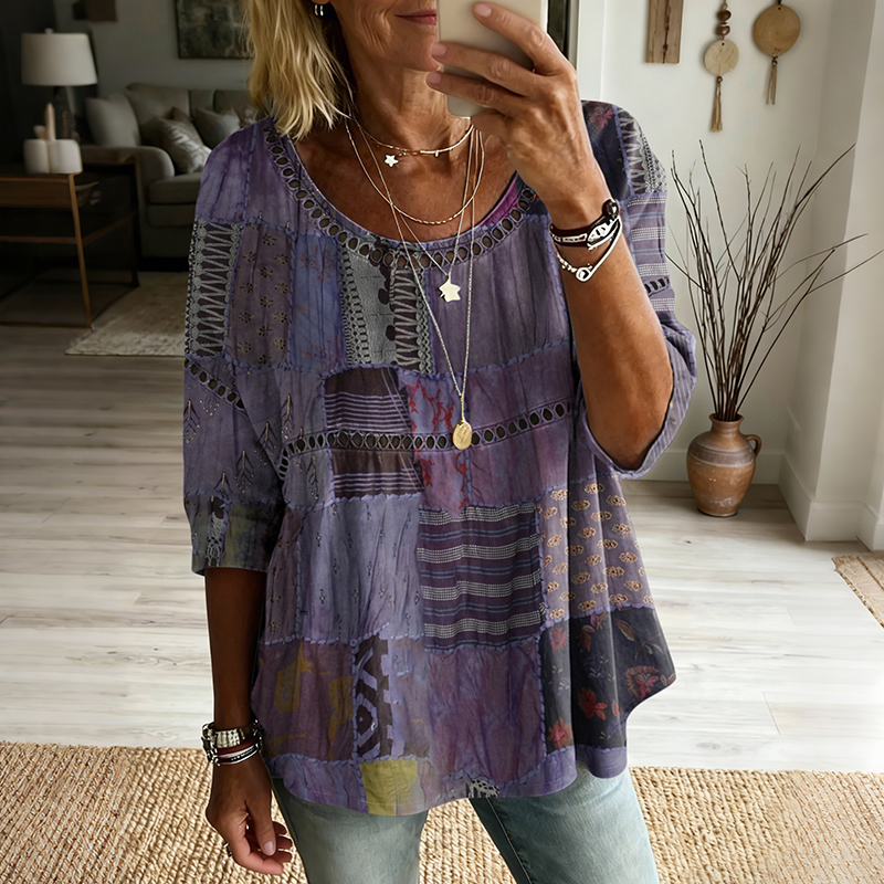 Comstylish Women's Vintage Patchwork Art Print Flowy Linen Blend Casual Tops