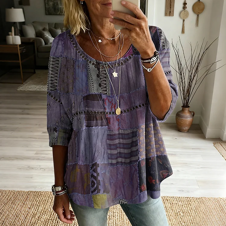 Women's Vintage Patchwork Art Print Flowy Linen Blend Casual Tops