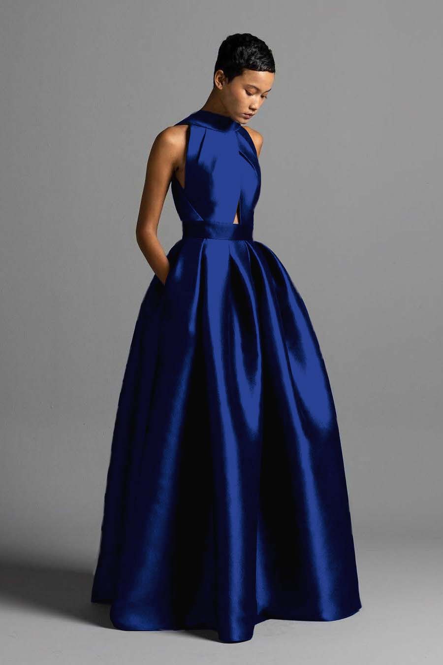 Daisda Exquisite Royal Blue Satin Halter Strapless Sleeveless A Line Prom Dress with Pleated 