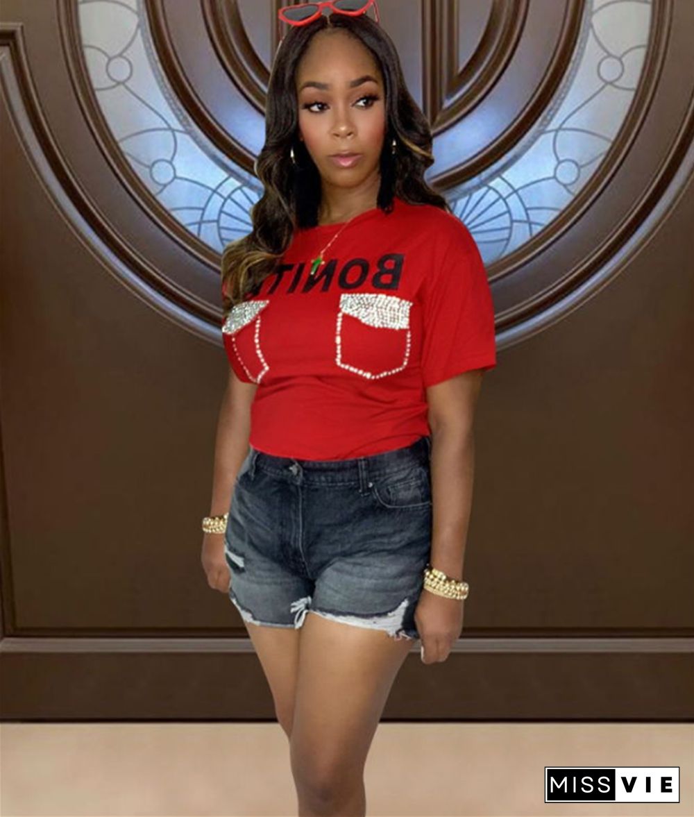 Hot Drilling Short Sleeve O Neck Casual T Shirt