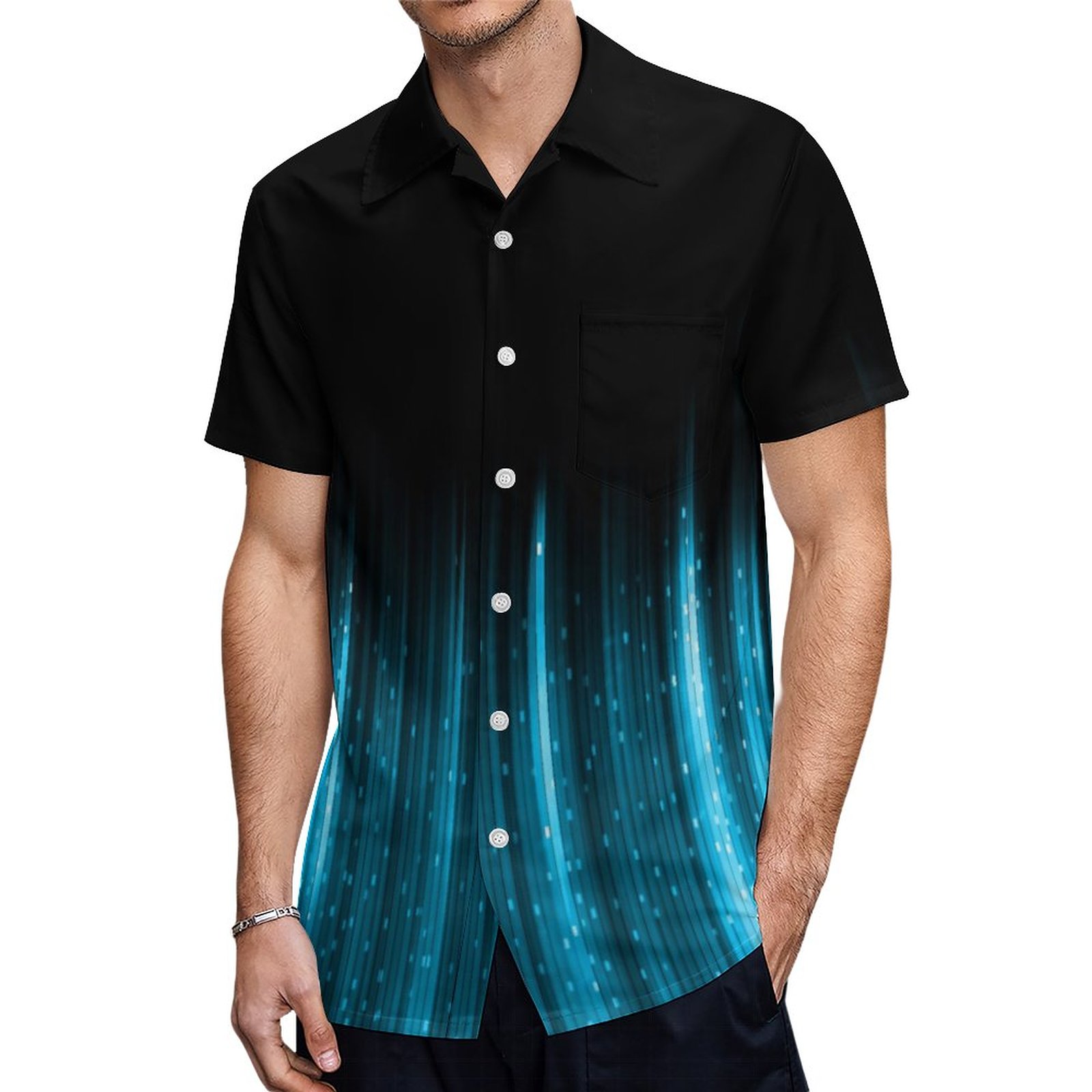 Unique Blue Streamers Small Stars On Black Hawaiian Shirt Mens Button Down Tropical Hawaii Beach Shirts