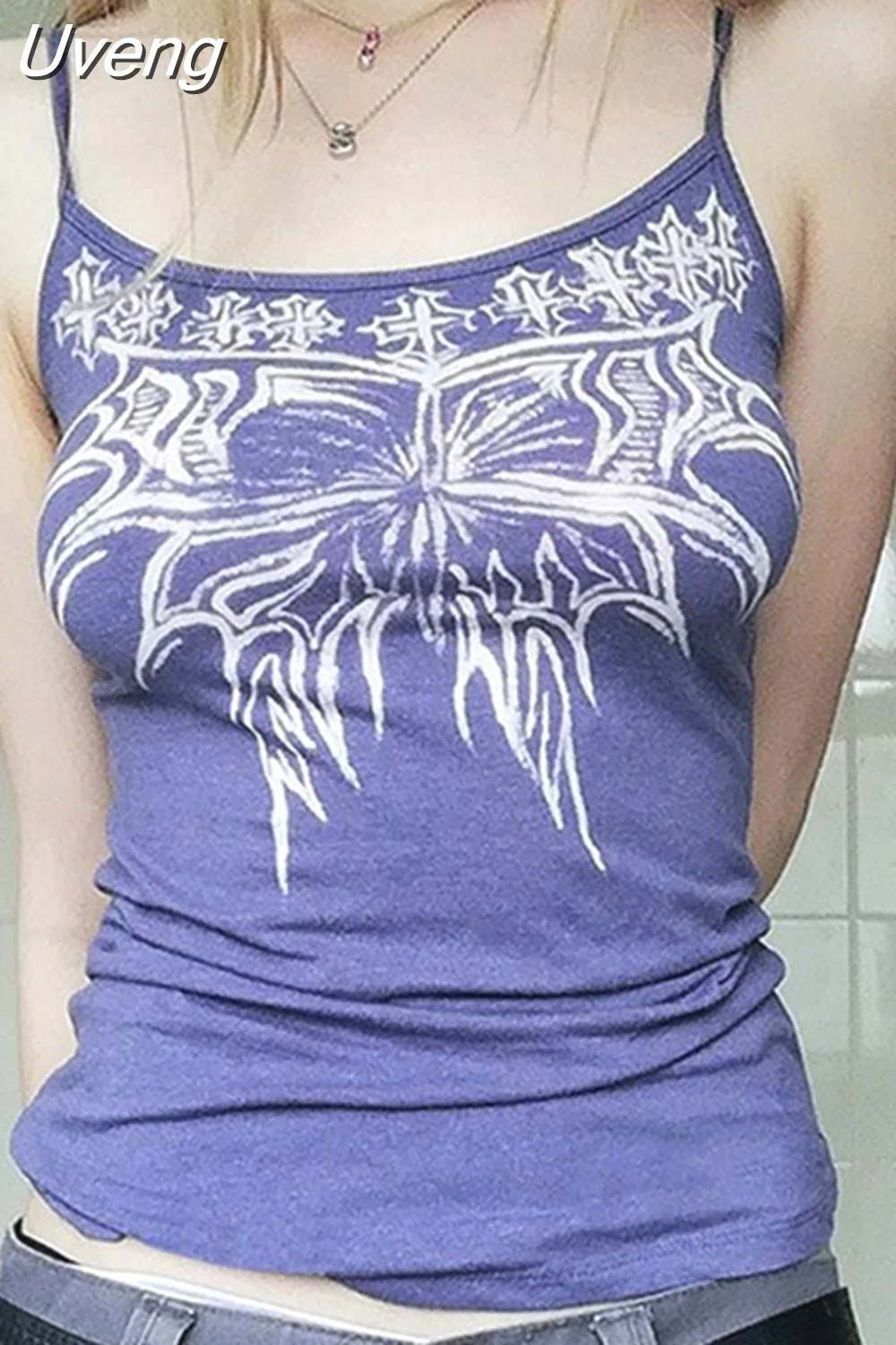 Uveng Mall Goth Retro Print Crop Top 00s Vintage Grunge Slim Fit Mini Vest Sexy Backless Spaghetti Strap Camisole Y2K Clothes 413-1