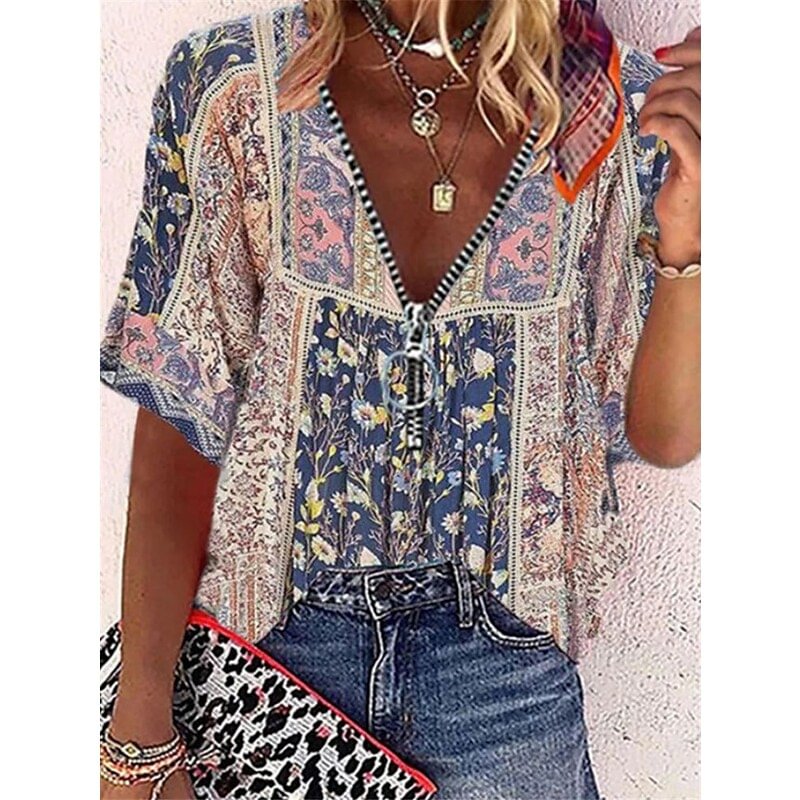 Women'S Blouse Floral Bohemian Daily Holiday Weekend Floral Boho Blouse Shirt Half Sleeve Zipper Flowing Tunic Print V Neck Casual Streetwear Boho Pink S / 3D Print Tp11- Fabulory