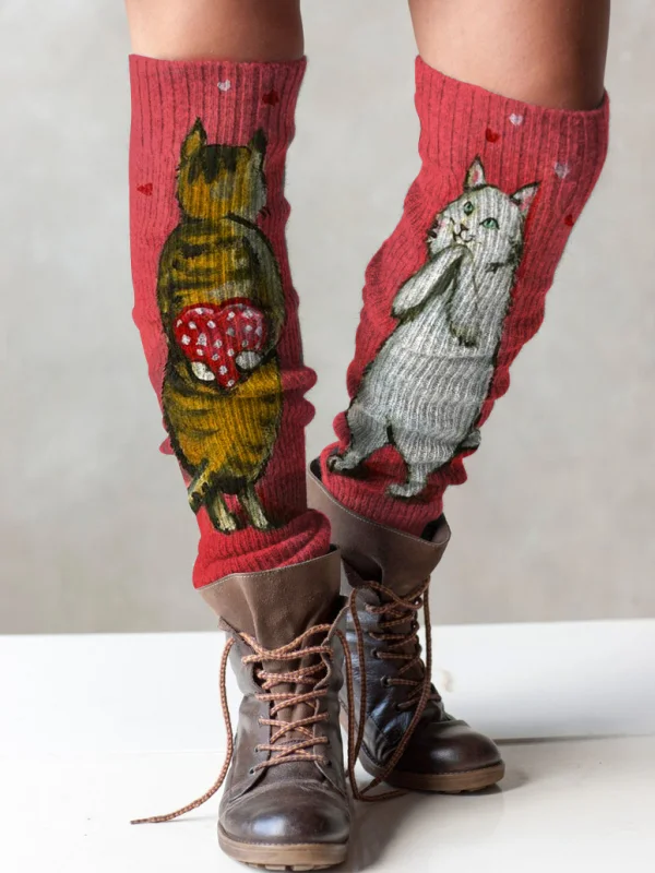 （Ship within 24 hours）Retro cat print knit boot cuffs leg warmers