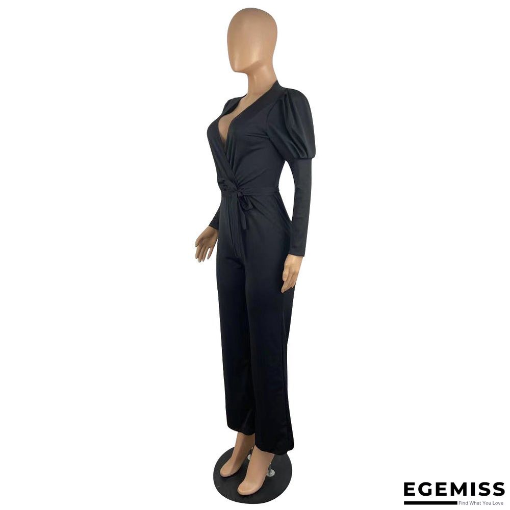 Autumn and Winter Solid Color V-neck Bubble Sleeve Personalized Casual Wide Leg Jumpsuit | EGEMISS
