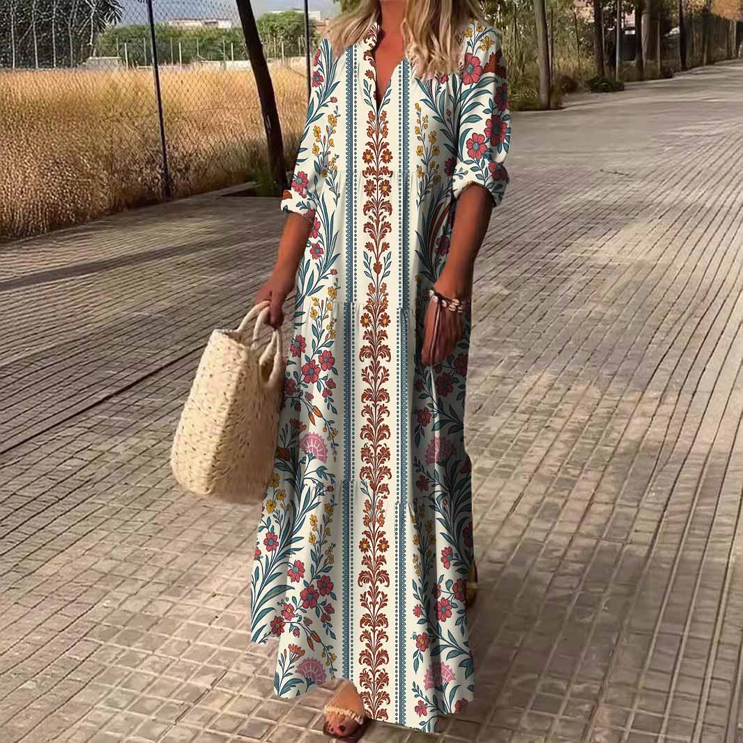 Women Tropical,Red,Blue DZDN0275 SPU Printed Long Sleeve V-neck Maxi Dress