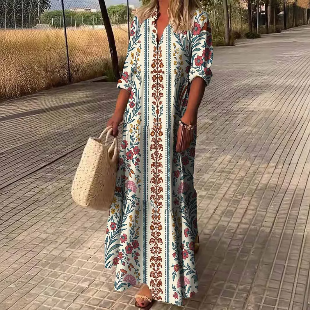 Women Tropical,Red,Blue DZDN0275 SPU Printed Long Sleeve V-neck Maxi Dress