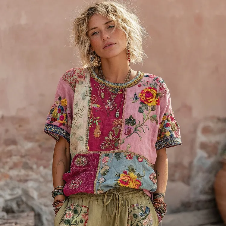 Women's Vintage Bohemian Floral Embroidery Art Round Neck Linen Blend T-shirt