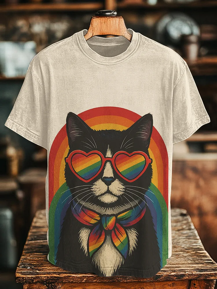 Men's Black Cat With Rainbow Sunglasses Art Print T-Shirt