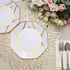 10 Pack | 8" White / Gold Geometric Design Plastic Dessert Plates, Disposable Octagon Salad/Appetizer Party Plates