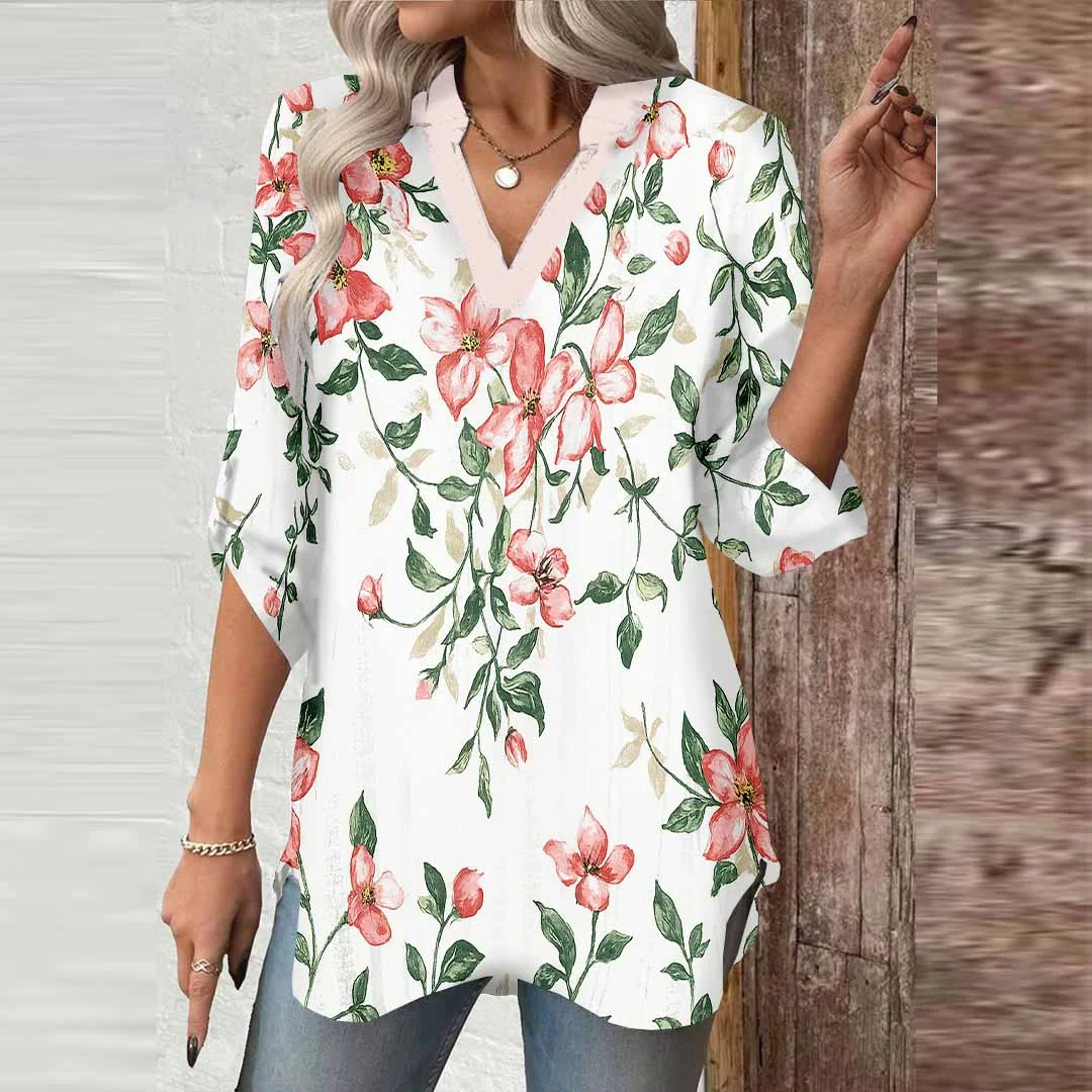 Women Floral, Pink, Green DZGA0556 3/4 Sleeve V-neck Printed Graphic Button Tops