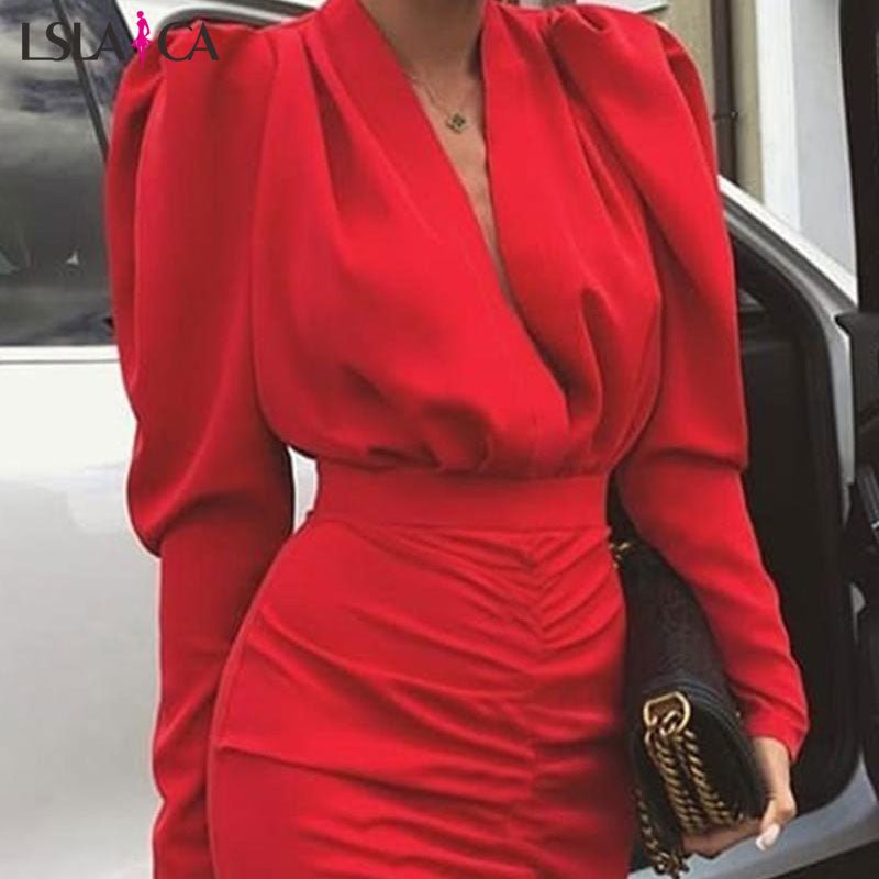 Lslaica Women's new party dress street hipster red V-neck bubble long-sleeved fashion temperament Slim bodycon dress autumn