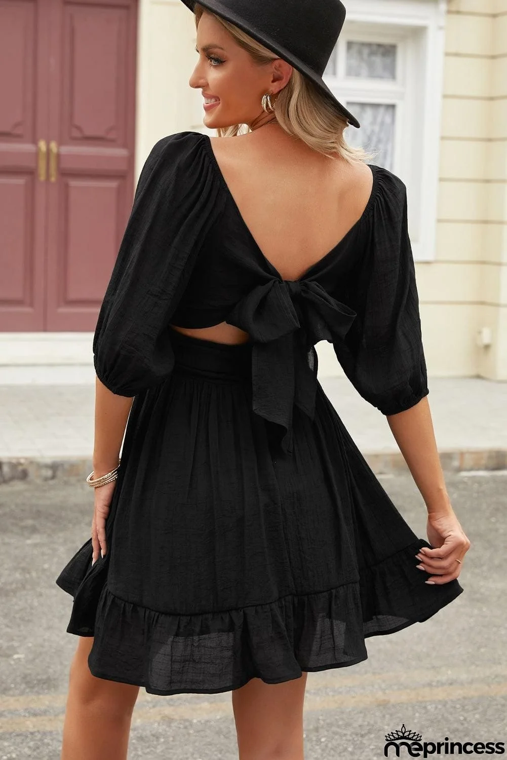 Tie-Back Ruffled Hem Square Neck Mini Dress