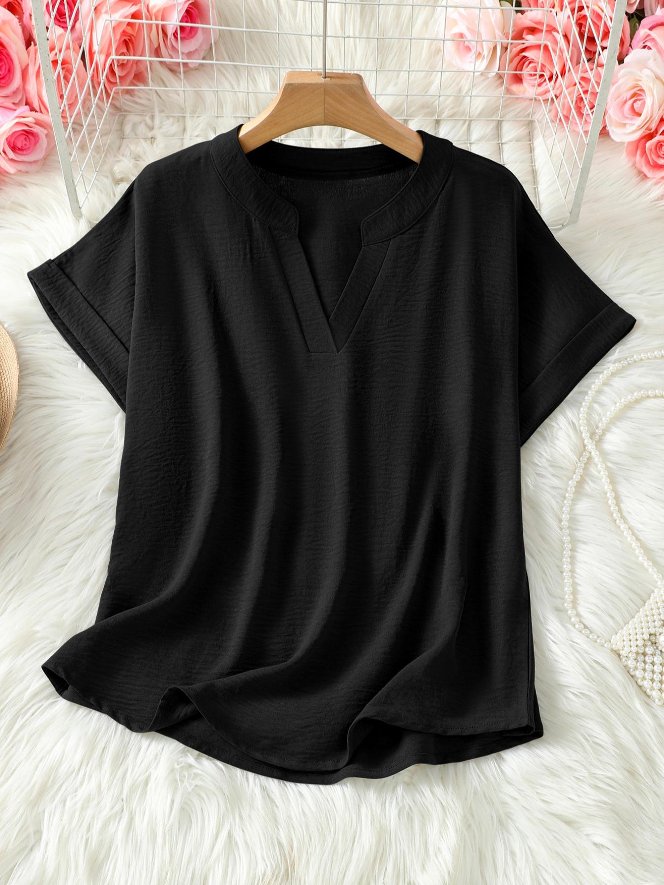 Women's Plain Short Sleeve Blouse, Shirts, Casual Solid Color Top for Daily Wear, Ladies Clothes for All Seasons