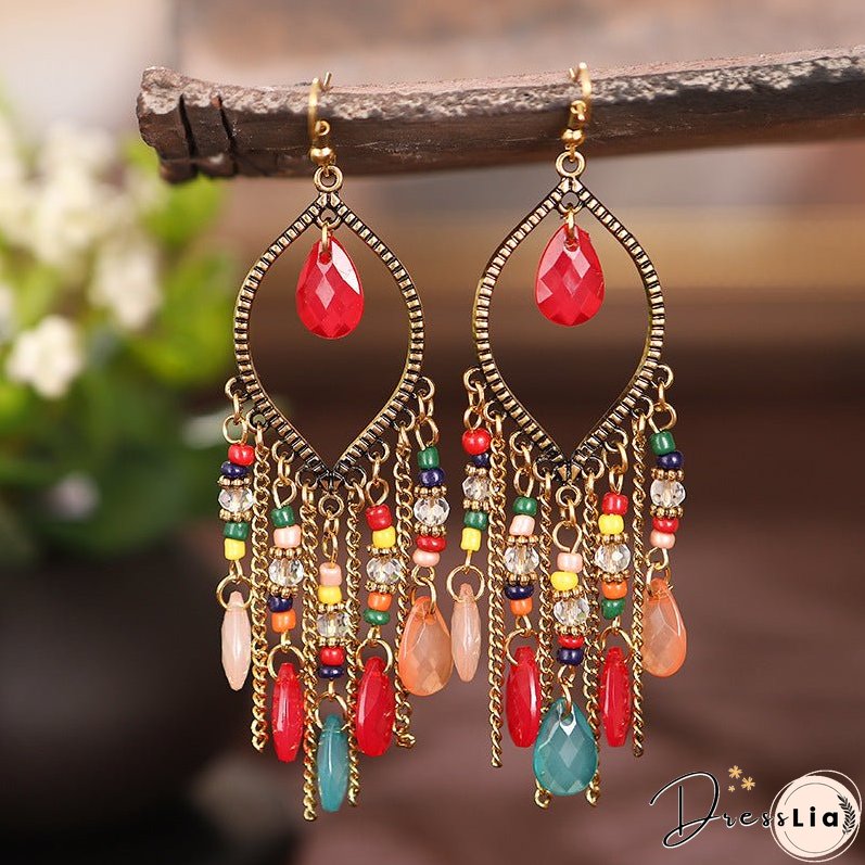 Antique gold-plated long fringed earrings for women vintage waterdrop bohemian chain earrings