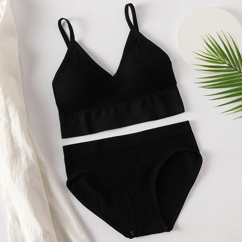 Women Bra Panties Set Sexy G-String Push Up Bra Crop Top Seamless Underwear Fitness Active Bra Top Thongs Female Lingerie Set