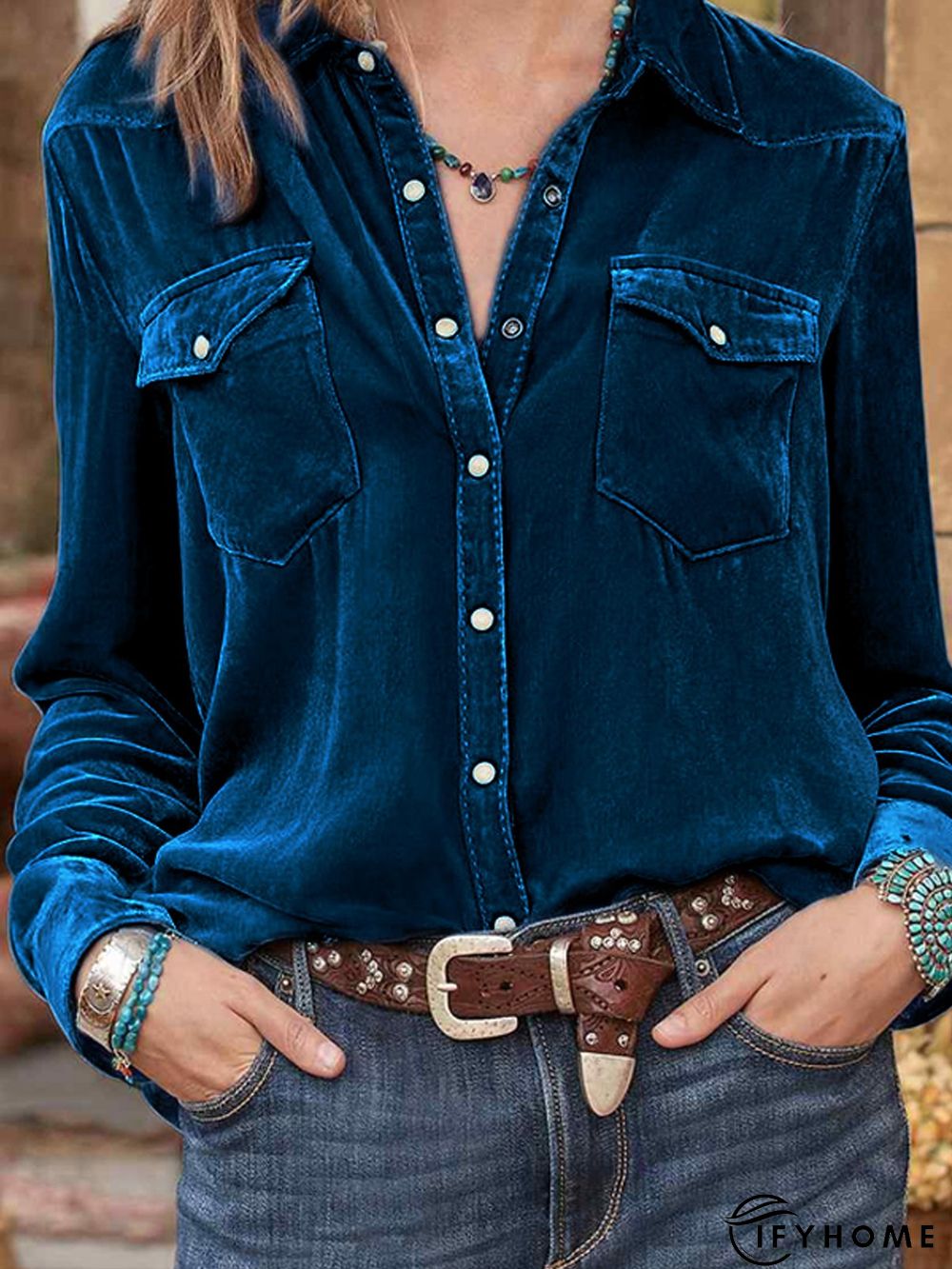 Velvet Shirt Collar Casual Loose Blouse | IFYHOME