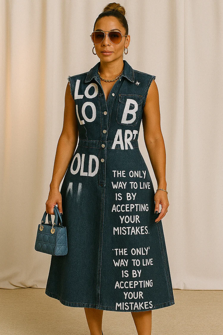 Letter Print Button Up Sleeveless Denim A-Line Midi Dresses-Blue [Pre Order]