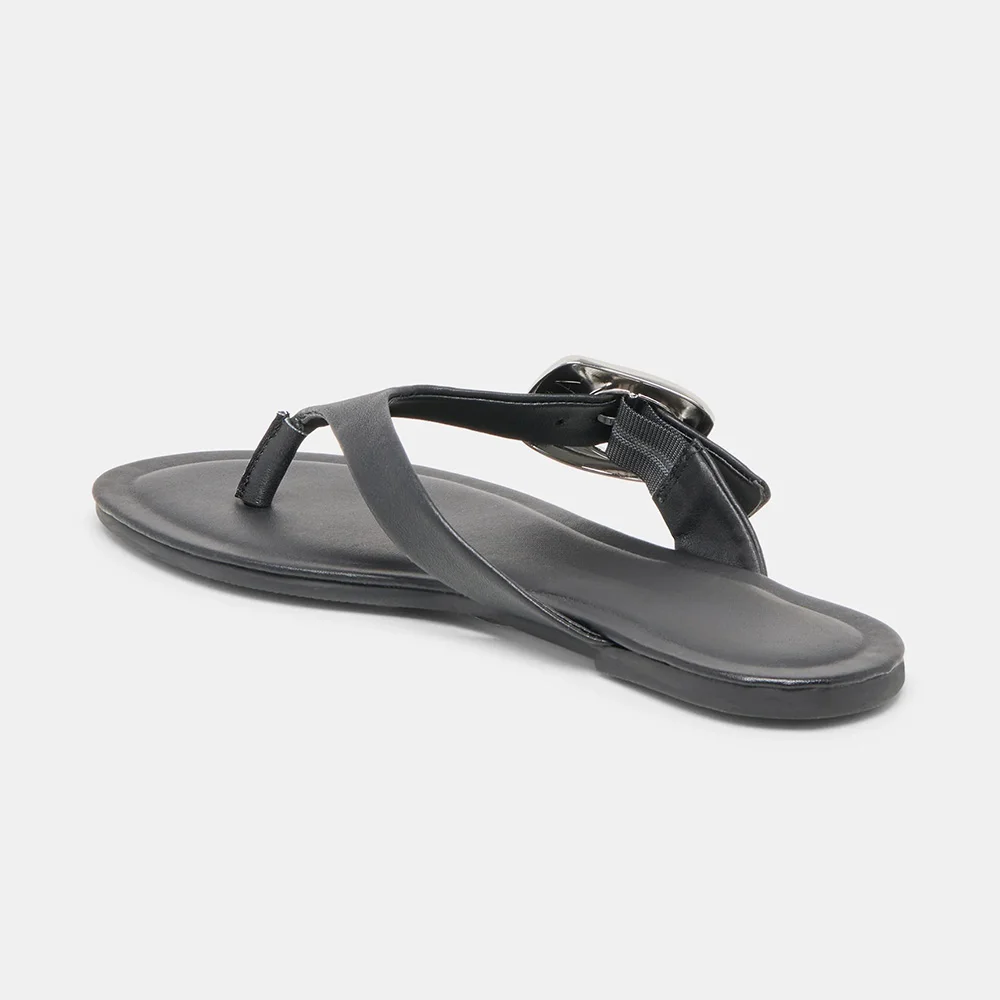 Vegan Leather Open Toe Buckle Flip Flop Black Sandals for Women