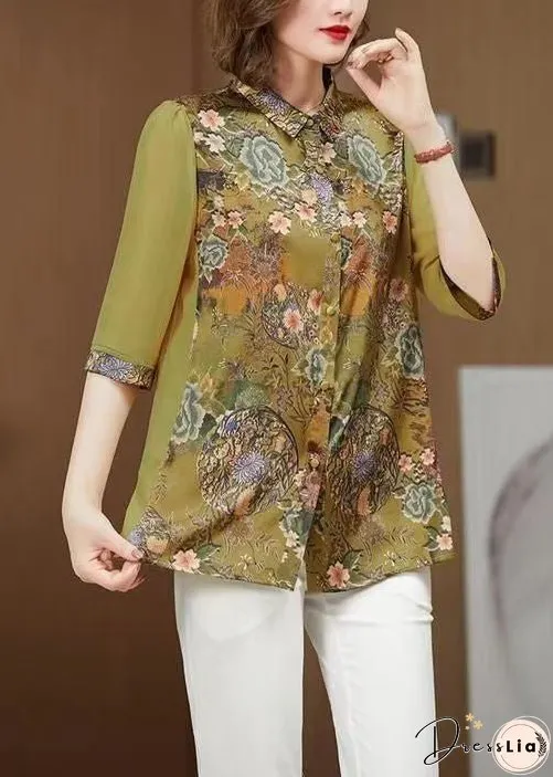 Loose Green Peter Pan Collar Print Silk Blouses Half Sleeve