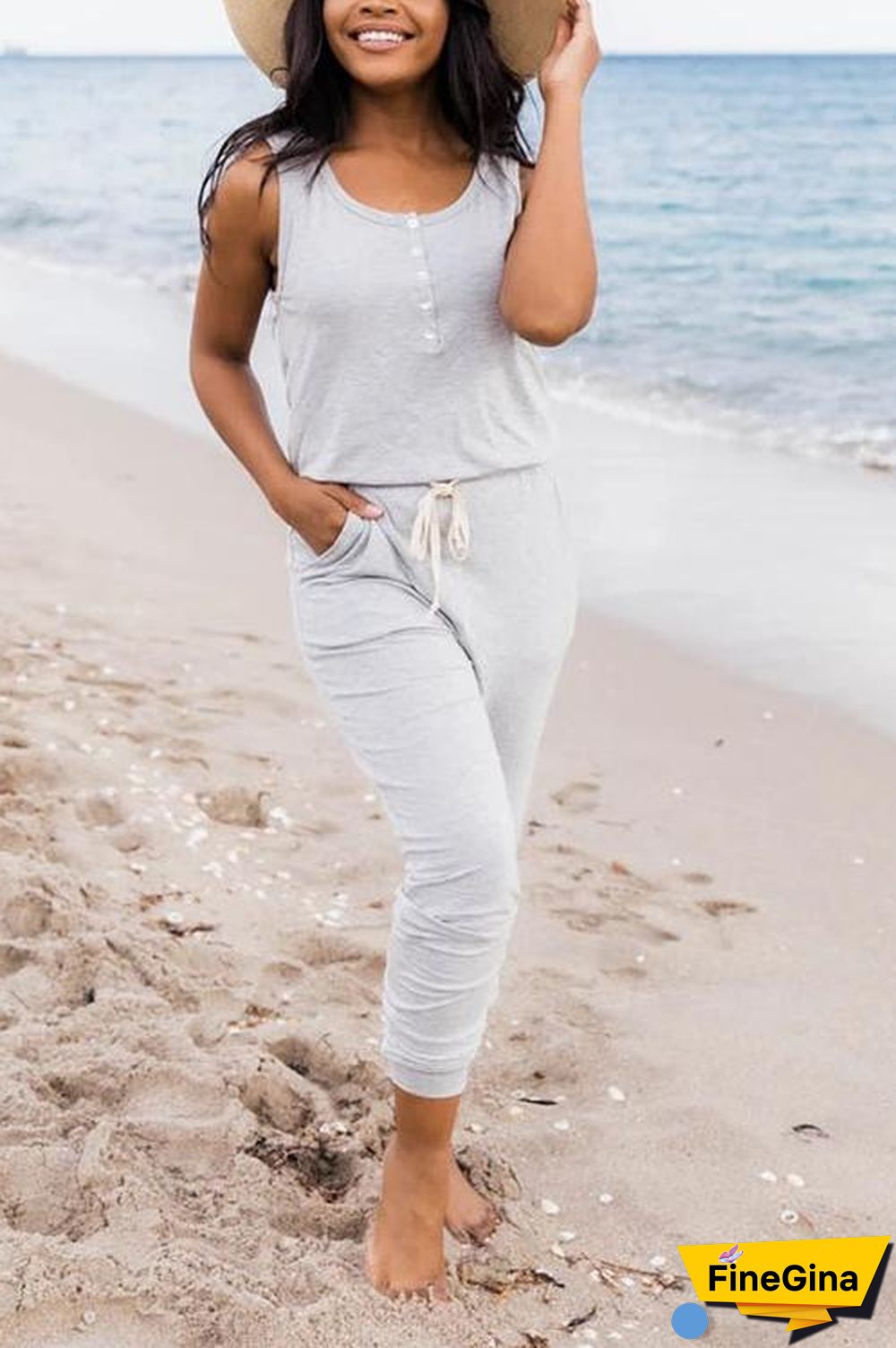 Button Sleeveless Drawstring Jumpsuits