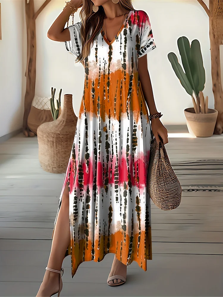 2025 Summer New Casual Long Dress V-Neck Short Sleeve Loose Tie-Dye Print Dress 0446
