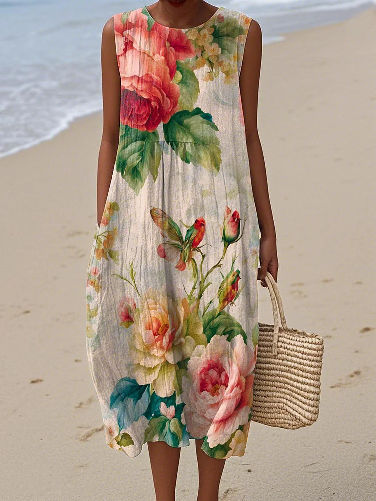 Women's Vintage Elegant Floral Print Cotton and Linen Dress