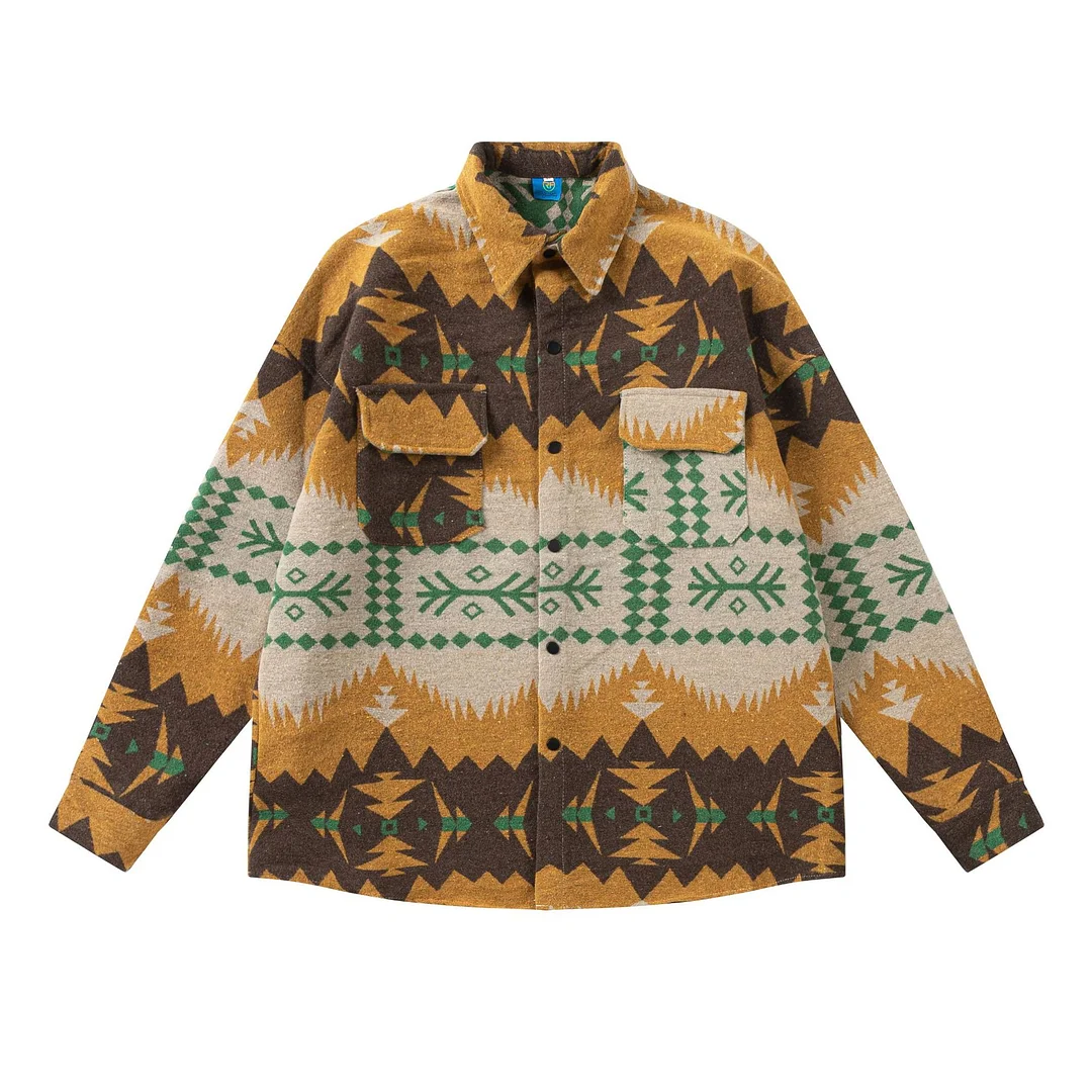 Men's Retro Woolen Shirt Jacket Tribal Lapel Jacket Coat