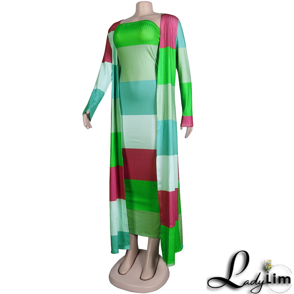 Plus Size Women Ribbed Print Colorblock Dress + Long Coat