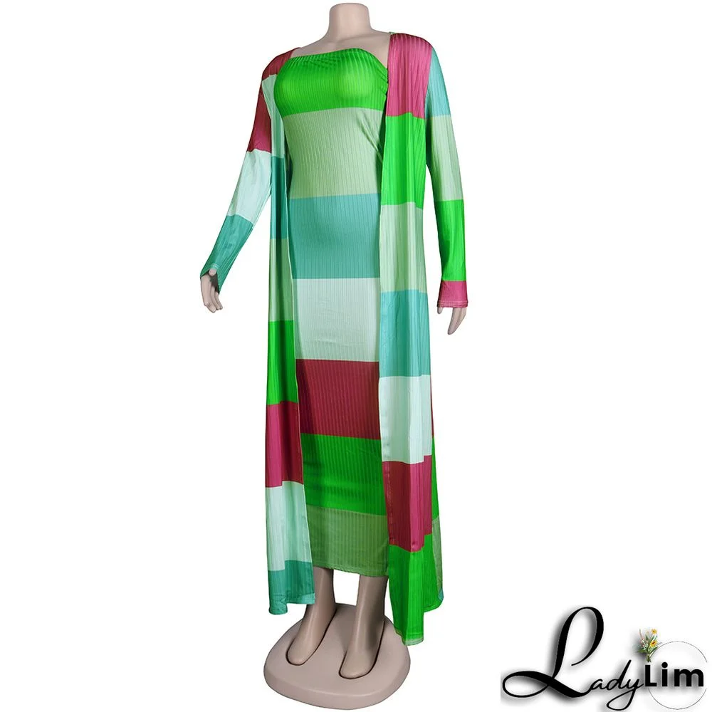 Plus Size Women Ribbed Print Colorblock Dress + Long Coat