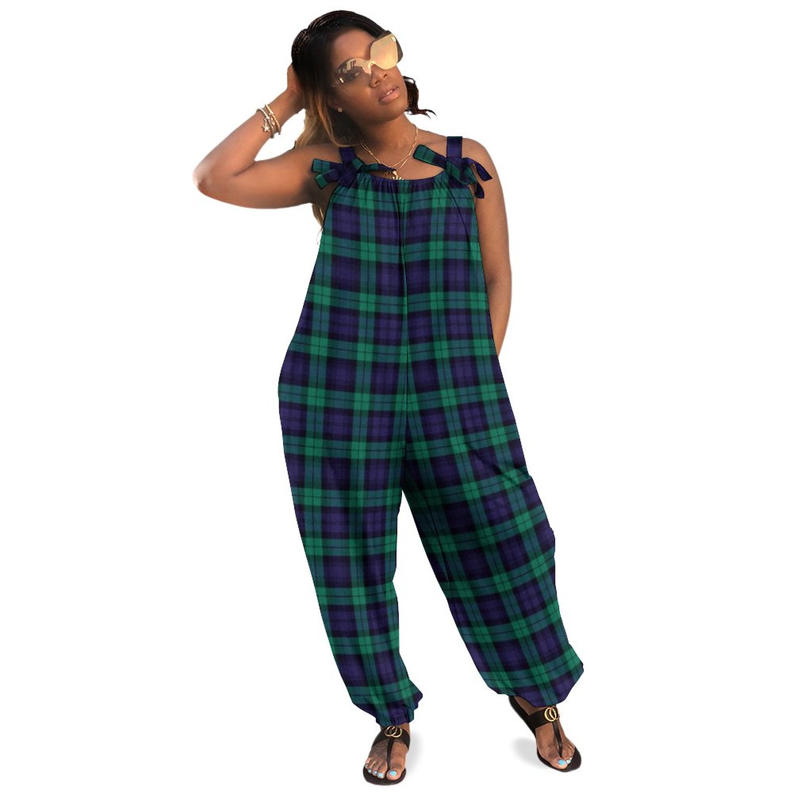 Women Plus Size Jumpsuit Summer Loose Harem Pants Black Watch Tartan Playsuit Casual Long Length Polyester Spandex