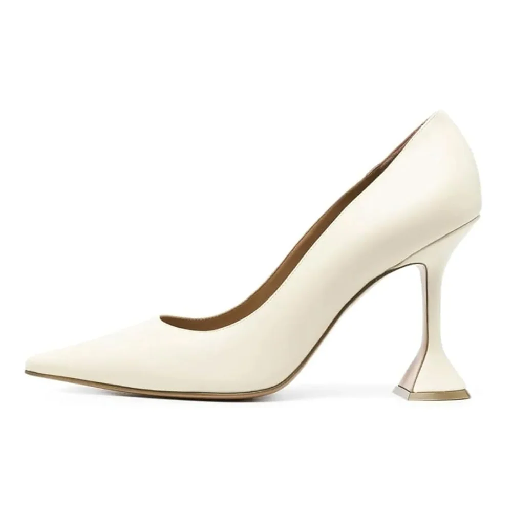 Ivory Vegan Leather Pointed Toe Flared Heel Office Pumps for Women