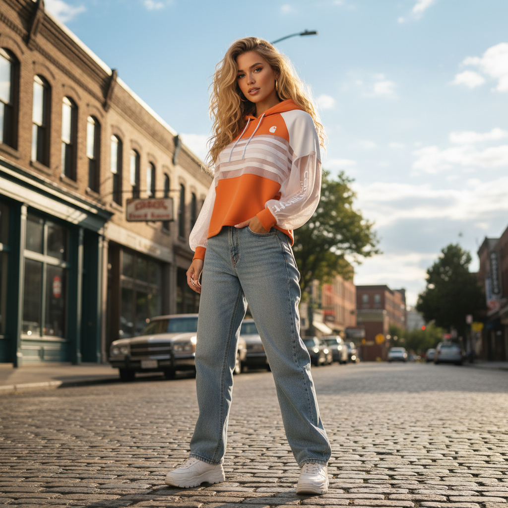 Women's Hoodie Orange White Color Block Mesh Patchwork Cropped Sweatshirt