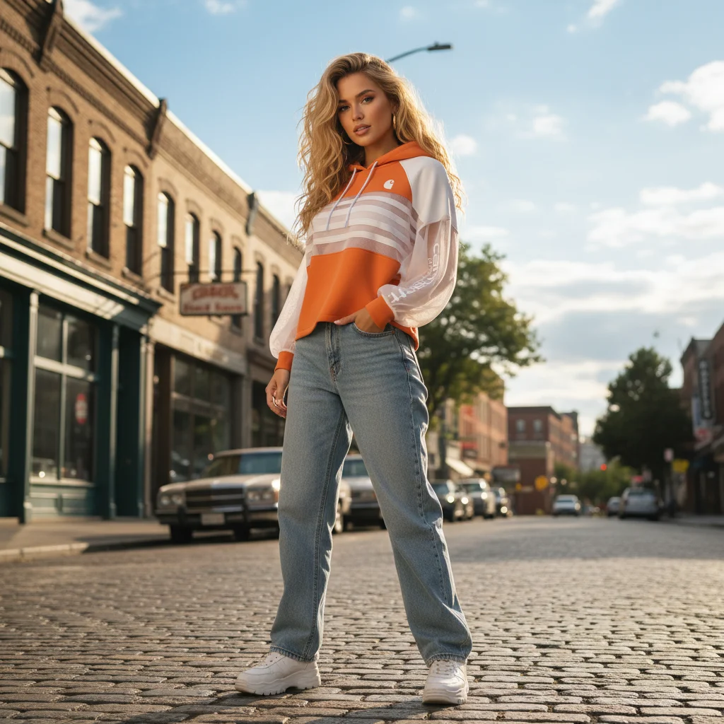 Women's Hoodie Orange White Color Block Mesh Patchwork Cropped Sweatshirt