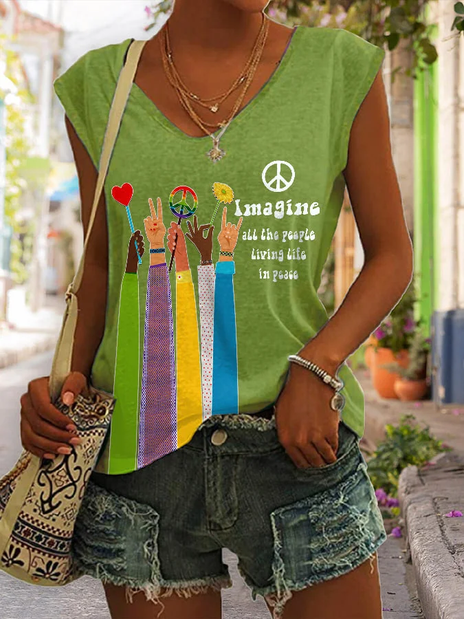 V-neck Retro Hippie Imagine All The People Living Life In Peace Print Tank Top