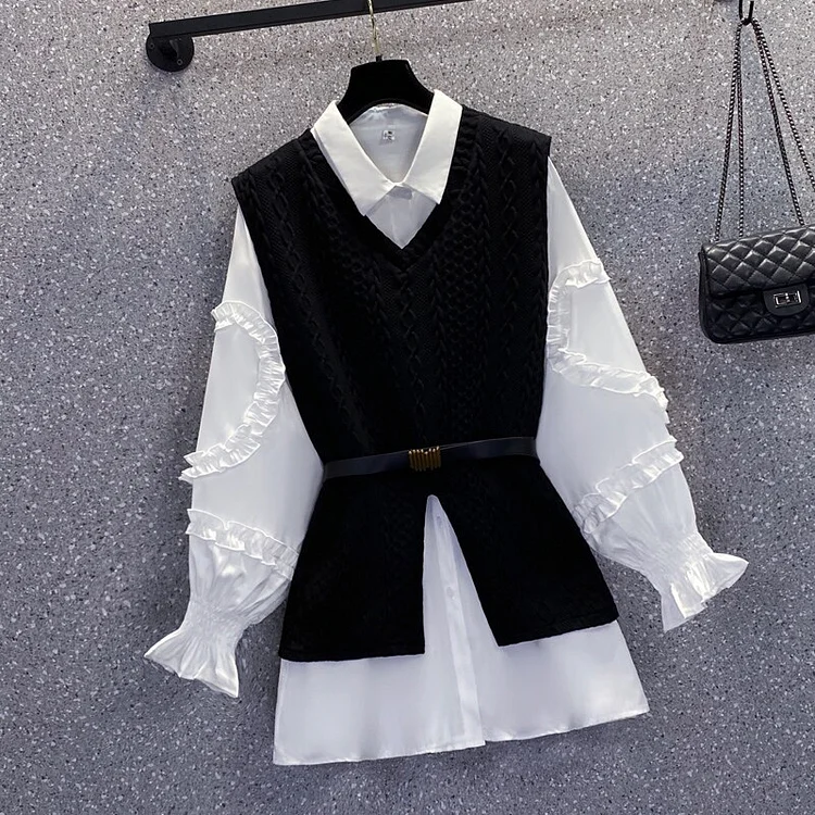 Dubeyi Spring New Fashion Elegant Large Size Women long sleeve Shirt Top and Knitted Vest Two-Piece Set with Close Waist Belt