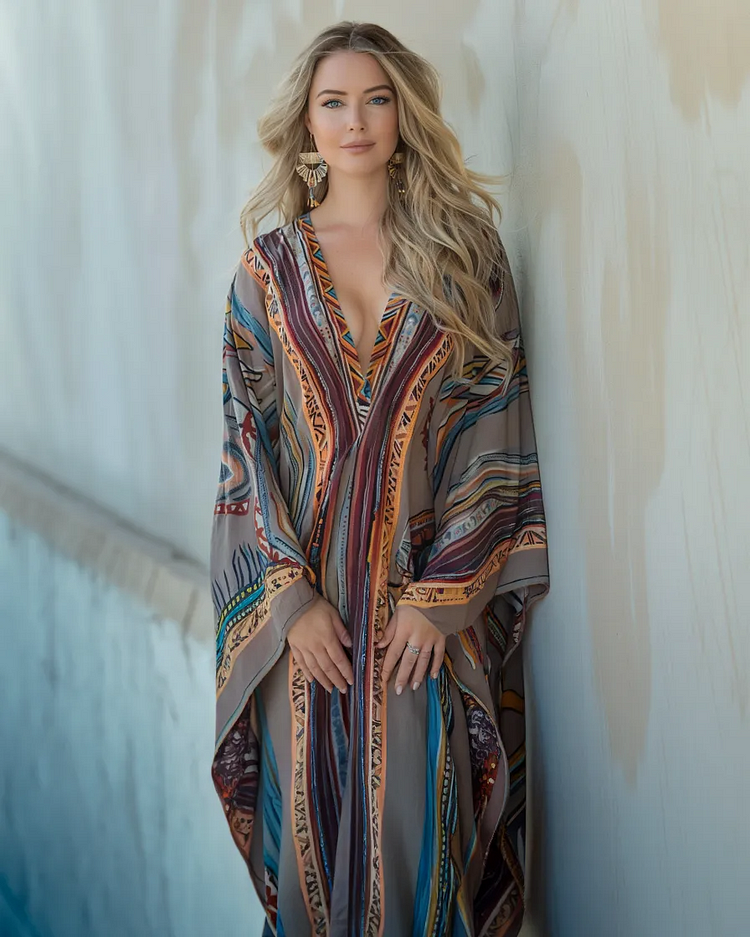 Ethnic Linen Kaftan Maxi Dress