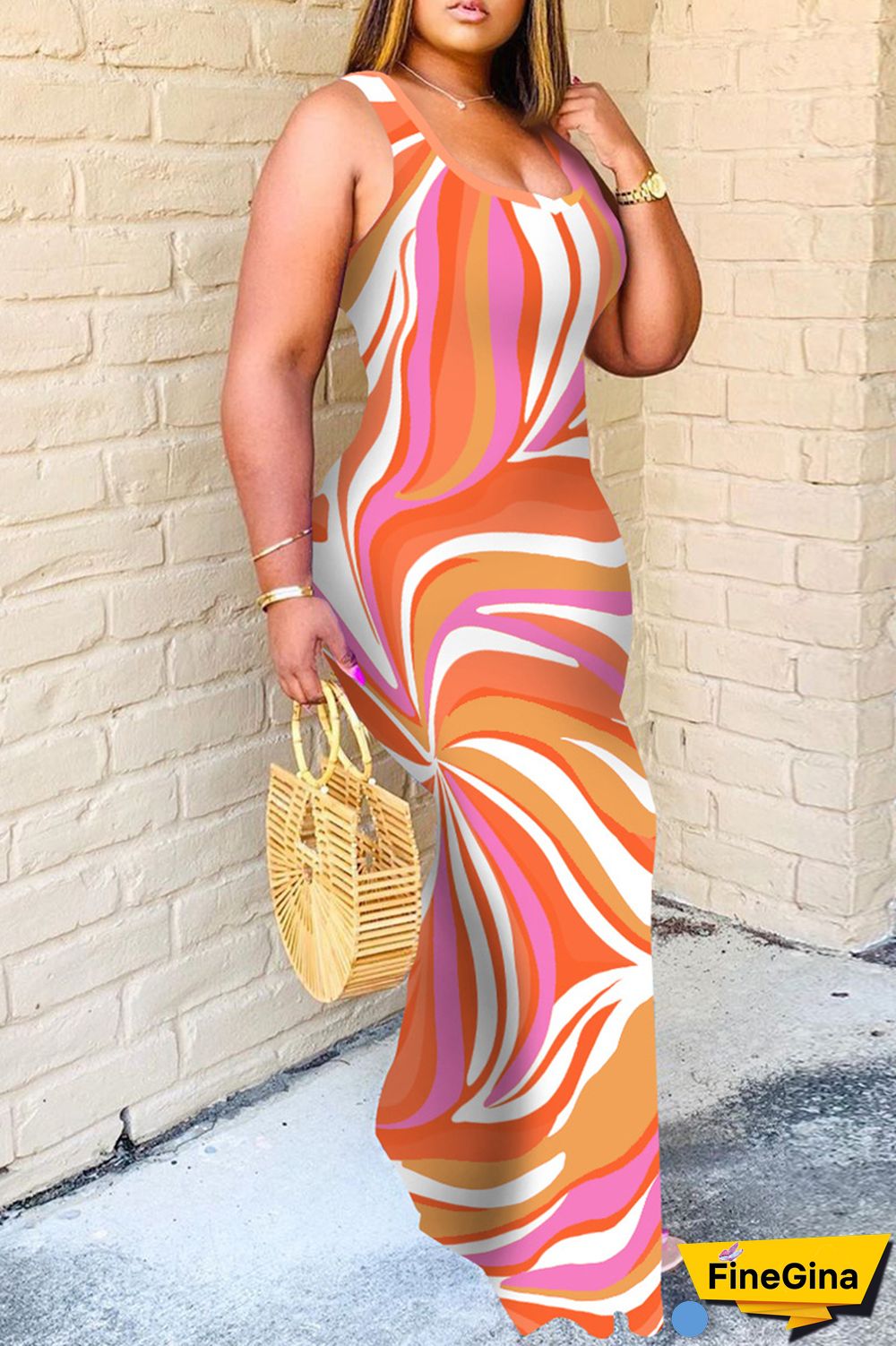 Tangerine Red Sexy Print Basic U Neck Vest Dress Dresses