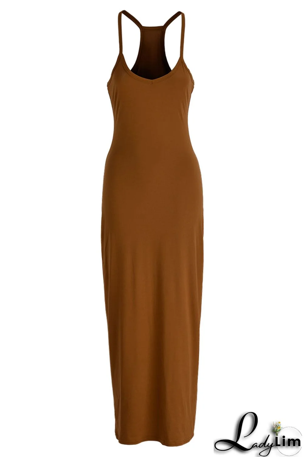 Brown Fashion Sexy Solid Backless Spaghetti Strap Long Dress