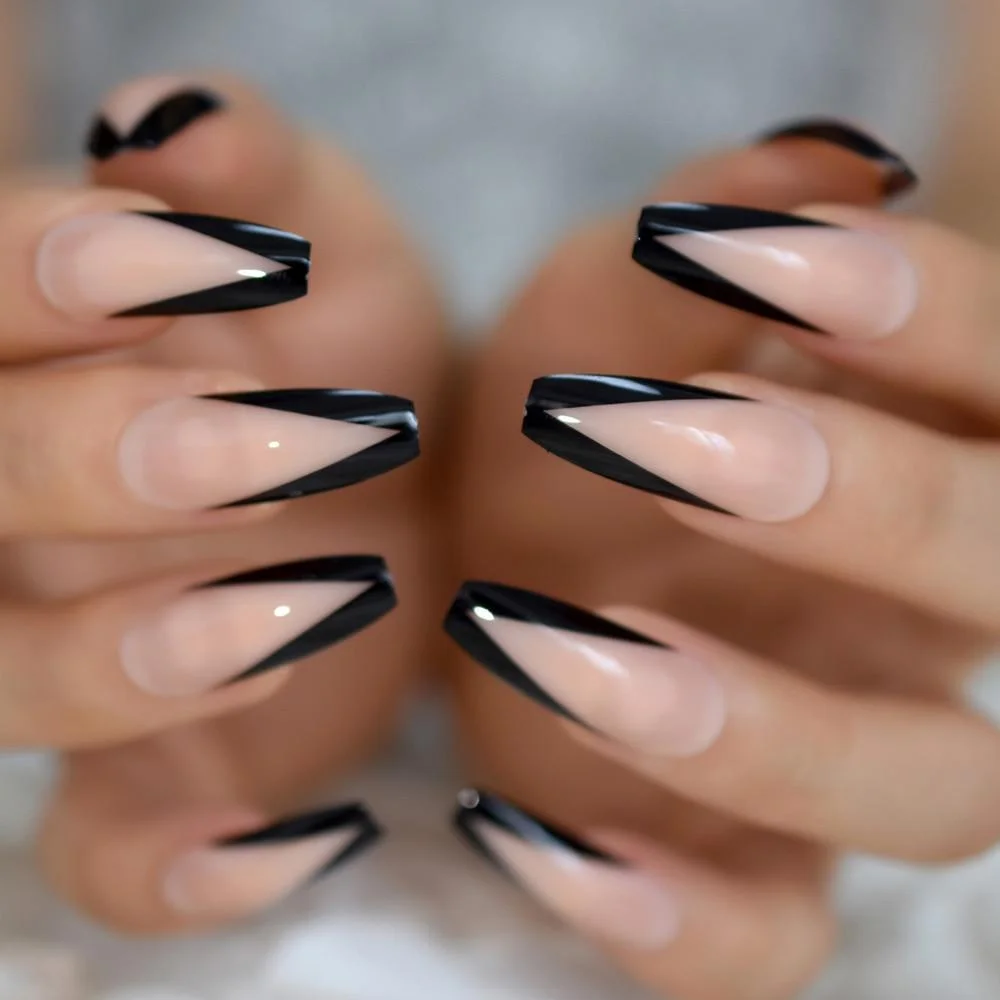Ballerina False Nails Nude Large V Shape Extra Long Coffin French Nail Art Tips Predesigned Black Glossy Manicure Tips 24 1103