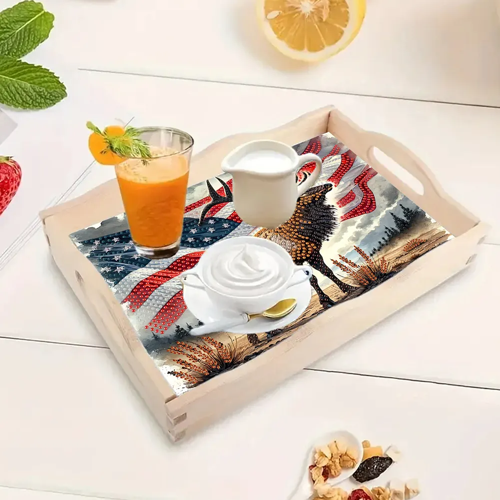 5D DIY Wooden US Flag Deer Diamond Painting Tray Art Craft for Desk Coffee Table