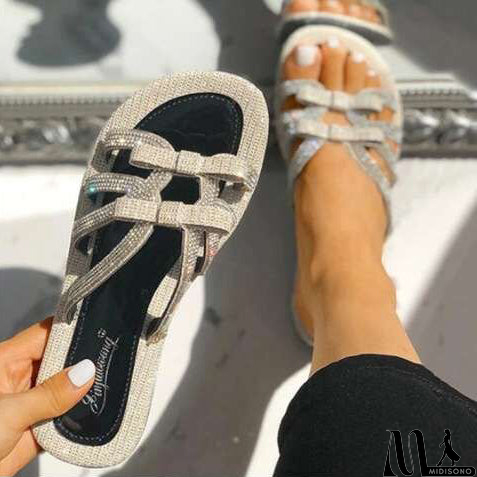MidiSono - Bowknot Rhinestone Flats PU Slippers