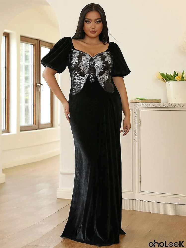 Plus Size Butterfly Velvet Evening Dress PXJ2547