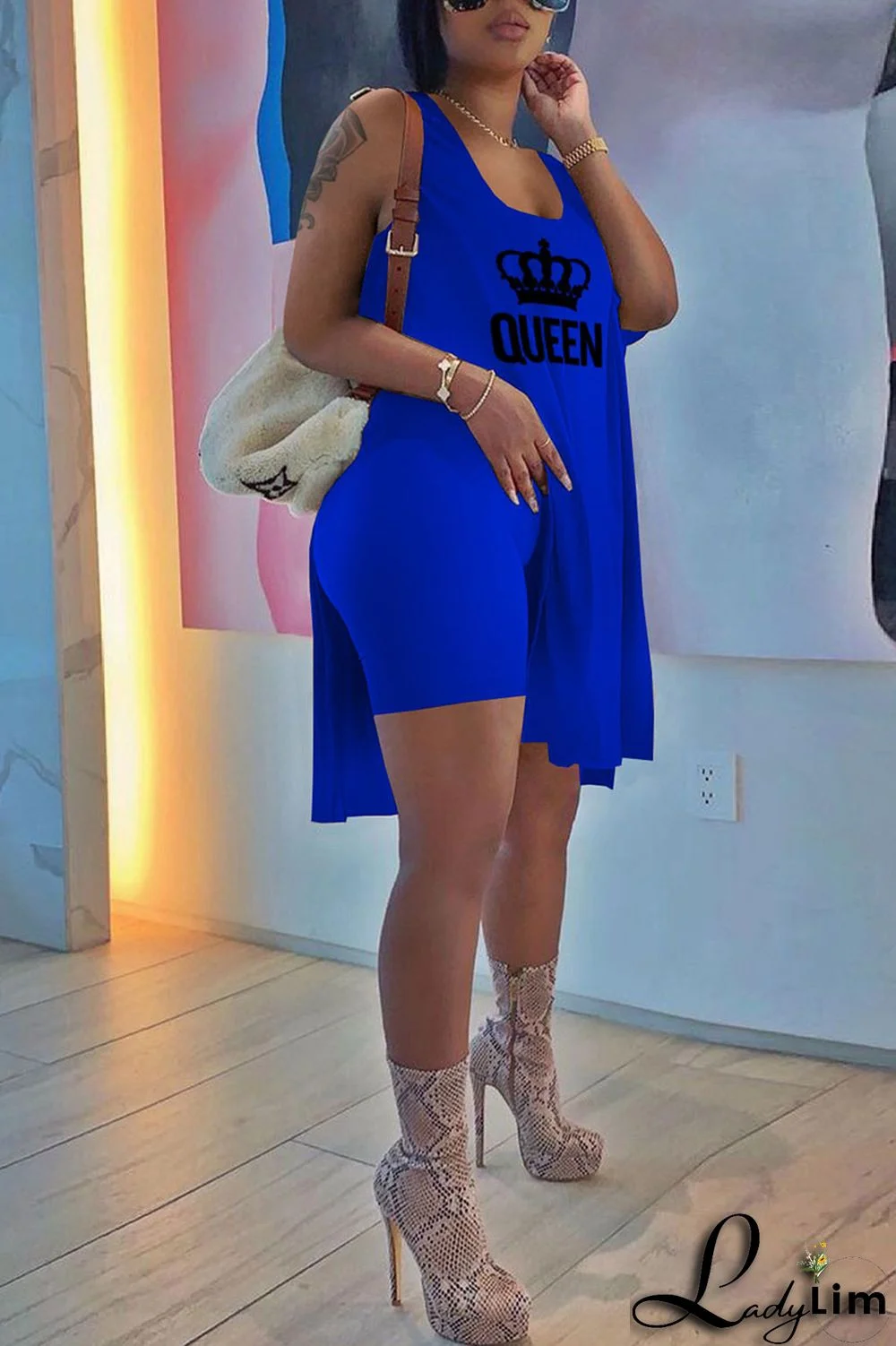 Royal Blue Casual Print Split Joint Slit U Neck Sleeveless Two Pieces